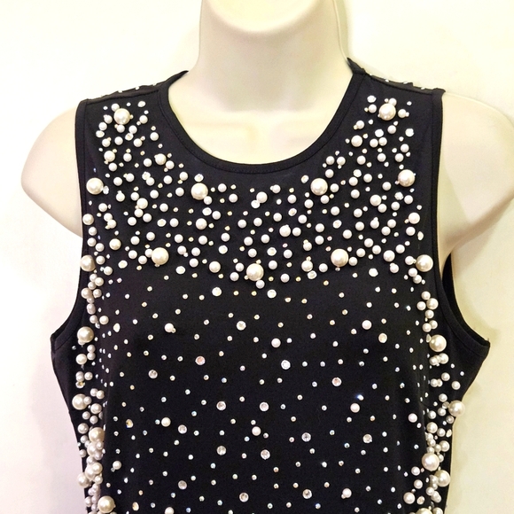BANJUL Black Pearl & Rhinestone Embellished Sleeveless Bodycon Dress, Large, NWT - Picture 5 of 16